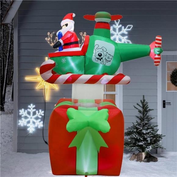 Christmas Inflatable 6FT Inflatable Xmas Santa Claus with Helicopter on Gift Box - Picture 2 of 6